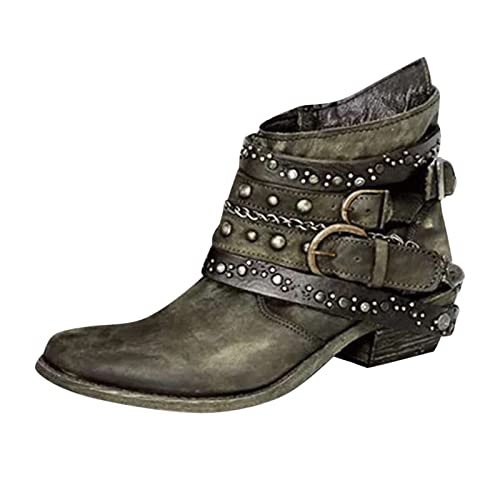 Damen Kurze Stiefeletten Mit Absatz Combat Stiefel Vintage Retro Kurzschaft Westernstiefel Freizeit Chelsea Boots Cowboy Stiefel Blockabsatz Ritterstiefel KnöChelstiefel Stiefeletten Mit Nieten Cover