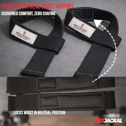 Image of REDJACKAL Single Loop Lifting Straps for Weightlifting - Heavy Duty Padded Cotton Deadlift Straps for Men & Women - Powerlifting, Bodybuilding & Gym Strength Training | 1 Pair Red & 1 Pair Black