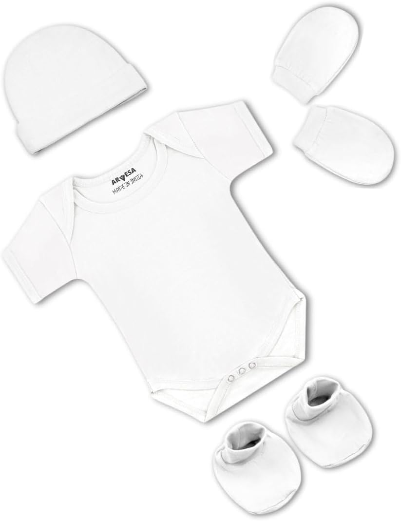 ARVESA Pack of 4 New born Baby Essentials – Cotton Romper, Cap, Booties and Mittens Set for Baby Boy & Girl 0-3 Months Red Biowash