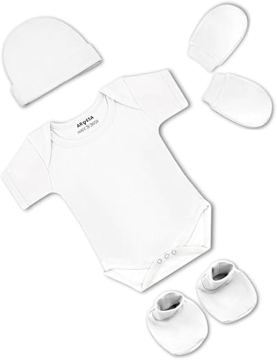 ARVESA 100% Cotton Biowash White Romper for Newborn Baby Romper Set with Cap Booties &amp; Mittens 0–6 Months