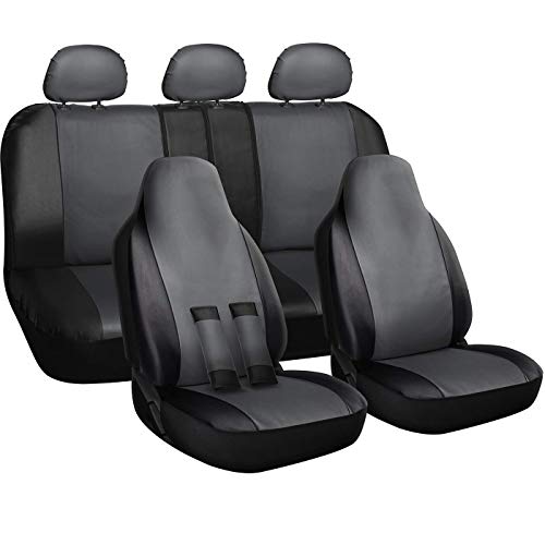 OxGord PU Leather Car Seat Cover 10 Piece Set with Seat Belt Pads - Airbag - Front High Back Buckets with Integrated Headrest - Universal Fit for Car, Truck, SUV, Van - Black