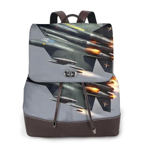 Sac à dos imprimé Jet Fighter en cuir noir pour le campus et les voyages