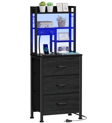 Furnulem Tall Night Stand with 3 Fabric Drawers and LED Lights Nightstand with Bookshelf 45.3inch Tall Bedside Tables with USB Ports in Bedroom Dorm Office Metal Frame Wood Shelves (Black Oak)