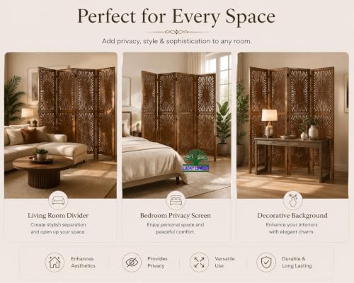 Image of Wooden Room Divider Partition for Living Room | Foldable 4 Panel Decorative Privacy Screen Separator for Home, Office & Bedroom | Modern Natural Brown