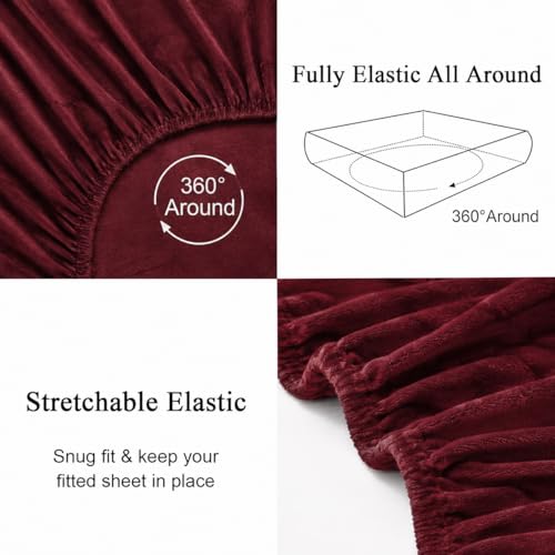 Image of Warm Flannel (Flano) King Size 330 TC Winter Fitted Bedsheet | All Side Elastic Premium Winter Soft Velvet Furnishing Bed Sheet with 2 Big Pillow Cover Size - 72 x 78 X 8 Inches Solid Maroon