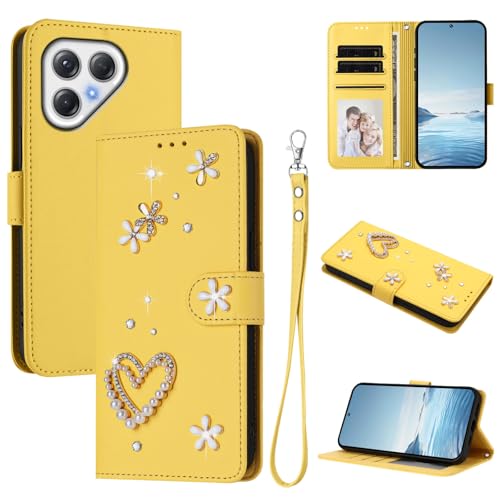 Jiajihua Case Compatible with Tecno Pova 7 4G / Pova 7 Neo Lanyard【Card Holder Wallet Flip Cover Magnetic Buckle Kickstand】 Yellow
