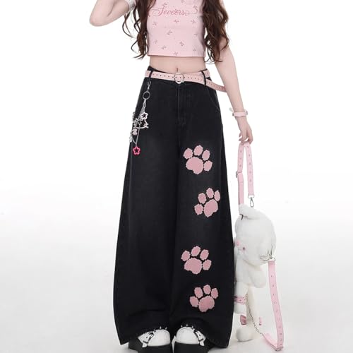 Kawaii Fashion High Waisted Wide Leg Jeans Y2K Casual Harajuku Cute Cat's Claw Patchwork Pants for Women3
