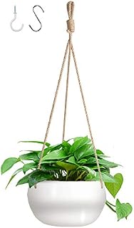 GROWNEER 7 Inches Ceramic Hanging Planter with 2 Hooks, White Porcelain Wall Hanging
