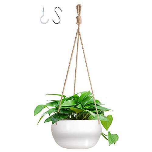 GROWNEER 7 Inches Ceramic Hanging Planter with 2 Hooks, White Porcelain Wall Hanging