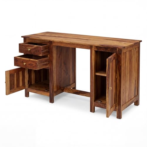Image of SONA ART & CRAFTS Solid Sheesham Wood Study Table for Students Big Size with 2 Drawers & 2 Doors Wooden Study Desk Table with Chair for Home Work Office Computer Desk (Natural Teak Finish)