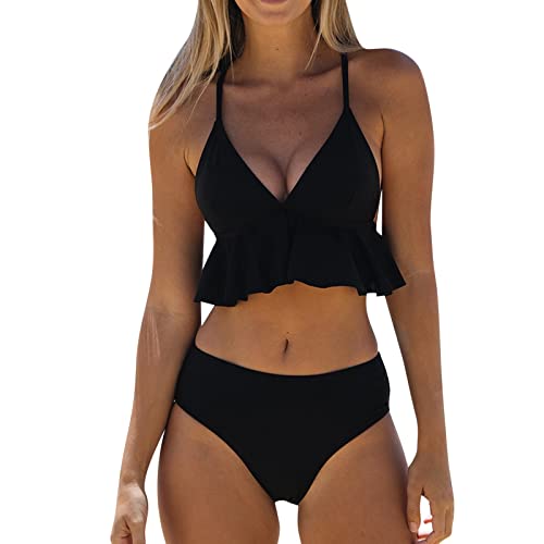 Tankini 2 pièces noir taille S avec haut à volants et bas bikini