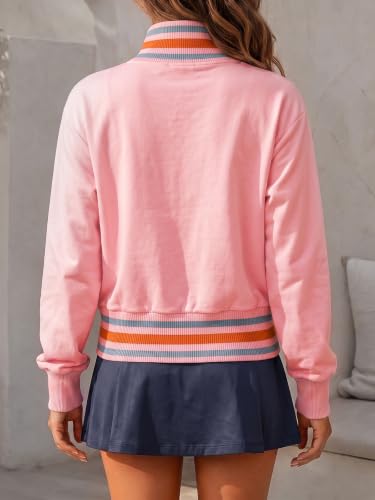 Fisoew Women‘s Half Zip Crop Pullover Sweatshirt Stripe Long Sleeve Jacket — view 3