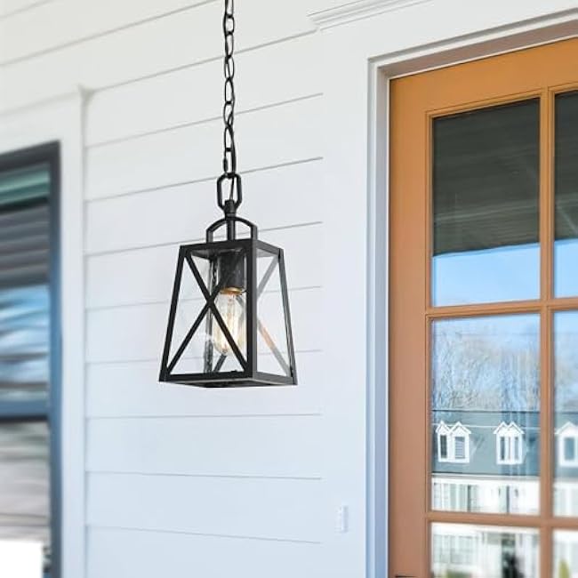 LOG BARN Outdoor Pendant Light Fixture, Farmhouse Exterior Lights, Anti-Rust Ceiling Outdoor Light with Seeded Glass, Lantern Hanging Light for Front Door, Entry, Porch, and Gazebo