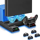RIIKUNTEK PS4 Vertical Stand mit Kühlung Lüfter für PS4/PS4 Pro/PS4 Slim, PS4 Vertikaler Ständer mit Dual Controller Ladegerät, 2 Lüftern, LED Anzeigen, 12 Spiele Lagerung für Playstation 4-Schwarz