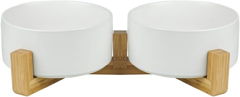 HCHLQLZWhite Ceramic Cat Bowl with Wood Stand No Spill Pet Food Water Feeder Cats Small Dogs Set of 2