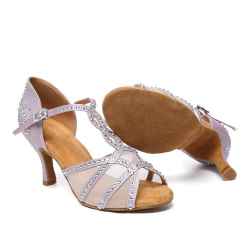 DKZSYIM Women Rhinestone T-Strap Latin Dance Shoes Salsa Tango Party Practice Ballroom Shoes,Model YC-L6414