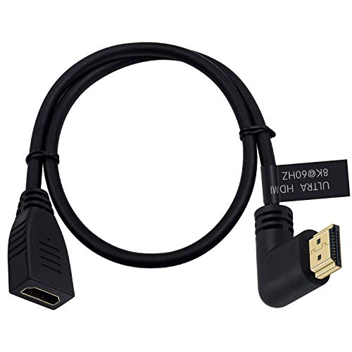 Poyiccot 8K HDMI Câble d'extension, HDMI 2.1 Angle gauche du câble 90 Degré 8K HDMI Hommes à femmes HDMI 2.1 câble 48Gbps Haute vitesse 8K 60Hz, 4K 120Hz, 3D Ultra HDR HDMI Câble d'extension 2feet(M/F Gauche)