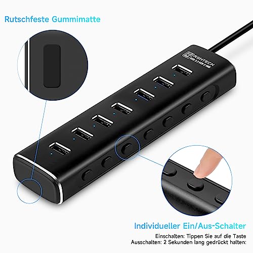 Image of USB 3.2 Hub Active with Power Supply, RSHTECH Aluminium USB Hub 3.1 Gen2 with 7 x USB 3.2 Data Ports (10 Gbps), 2-in-1 Data Cable (Type A & C, 100 cm), 24 W (12 V /2 A) Power Supply, 7-Port Data Hub