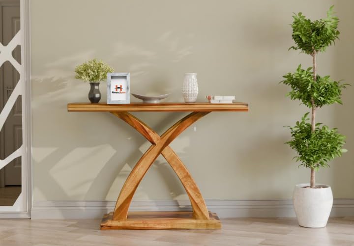 Image of Solid Wood Console Table for Living Room & Entryway | Modern Wooden Hallway Sofa Side Table with Designer Cross Leg Base | Honey Finish | 48 x 14 x 36 Inch