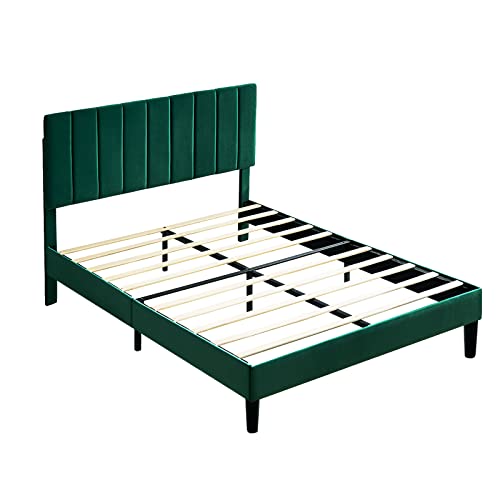 Full Platform Bed Frame Green Velvet Upholstered Bed Frame With Vertical Geometric Adjustable Headboard,Wooden Slats Support,No Box Spring Needed,Mattress Foundation,Easy Assembly,Noise Free Design #TOP2