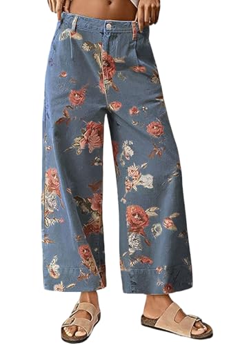 loveimgs Women Mid Rise Cropped Wide Leg Jeans Baggy Floral Ankle Pants Denim Capris Flare Print Boho Palazzo Jeans Boyfriend