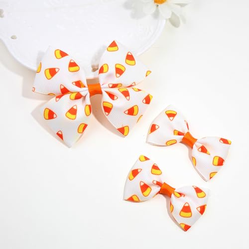 Candy Corn Print Ribbon Hair Bow Clips Barrettes Alligator Hair Pins For Girls, Teens, Toddlers, Kids, Women Cute Fun Halloween Candy Corn Party Favors Decoration Accessories (L)