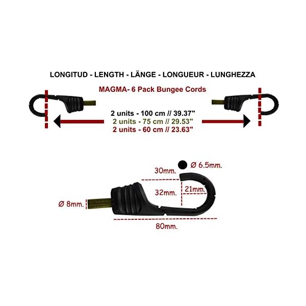 Magma Set mit 6 elastischen Spanngurten fÃ¼r Auto, Motorrad, Fahrrad, Camping, FahrradtrÃ¤ger, AnhÃ¤nger, Markisen und Planen | Gummiseile (2 x (60cm,75cm,100cm)) – Bild 4