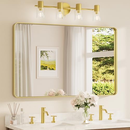TETOTE 48 x 30 Inch Bathroom Mirror, Brushed Gold Metal Framed Wall Mounted Mirrors, Brushed Brass Rectangle Modern Decorative Vanity Mirror (Horizontal/Vertical) by TETOTE - Used condition - US$131.47