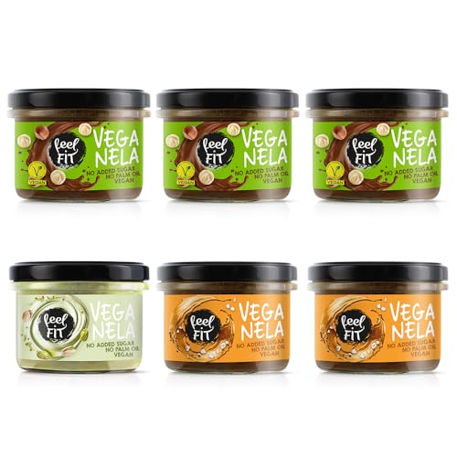 Feel FIT VEGANELA ohne Zuckerzusats Mixbox: 3 x Kakao-Hazelnuss-Aufstrich, 2 x gesalzener Karamellaufstrich, 1 x 45% Pistaziencreme, 6er Pack (6 x 200 g)., 14.99 €