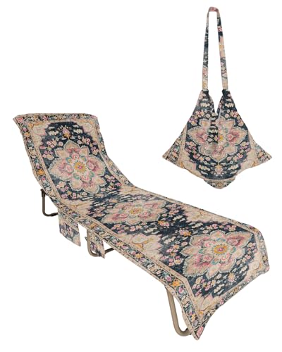 Vintage Boho Beach Lounge Chair Towel Cover, Soft Chaise Lounge Towel with Side Pockets Patio Pool Chairs Cover for Beach/Pool Sunbathing 29x85 Middle Century Western Geometric Abstract Art