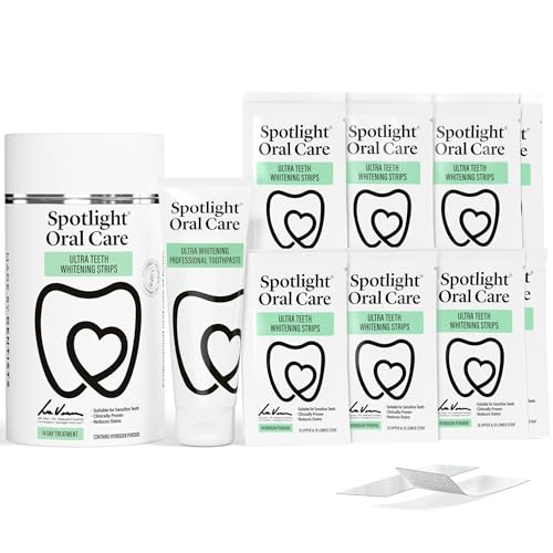 Spotlight Oral Care Teeth Whitening Strips – 28 Strips + Toothpaste (14-Day Treatment),Ultra Whitening Strips, Sensitive Teeth & Enamel Safe, Made by Dentists Hydrogen Peroxide Teeth Brightening Kit