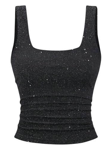 GORGLITTER Womens Glitter Crop Tank Tops Ruched Slim Fit Square Neck Party Going Out Vest Tops Black Large