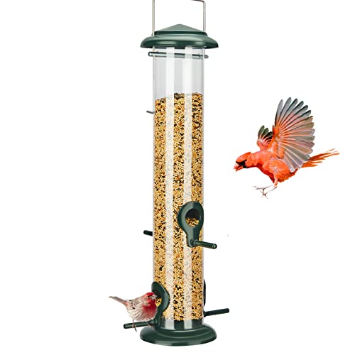 Kingsyard Metal Bird Feeders For Outdoors Hanging, Extra Thick Tube Bird Feeder W/Steel Hanger & 4-Port, 15 Inch, Chew-Proof, Weather And Water Resistant, Green #TOP26