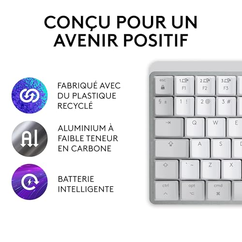 Logitech MX Mechanical Mini pour Mac Clavier Sans Fil Illuminé, Commutateurs Performants à Bas Profil, Boutons Tactiles Silencieux, Rétroéclairé, Bluetooth, USB-C, Apple, iPad, AZERTY FRA - Gris pale
