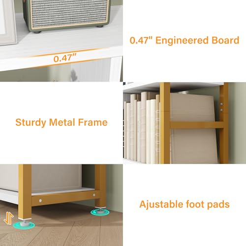 Image of Jehiatek 71 inch Arc Gold Bookshelf with Storage Cabinet, Tall 6 Tiers Industrial Bookcase with Sturdy Metal Frame, Geometric Book Shelf for Lving Room, Home Office, Gold and White