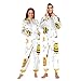 Poeticcity Couples Matching 1 PC Pajama, Unisex Soft Fleece Zip Up Hooded Pjs Jumpsuit Sleepwear Playsuit Lounge-wear(XXL) Flying Bee Honeycomb Honey White Flowers Seamless on White