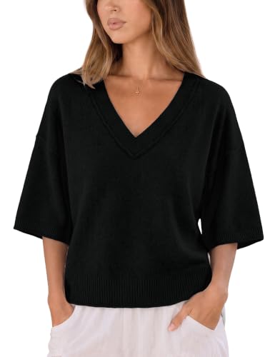 Image of FAlABLE Womens Short Sleeve Sweater Cropped V Neck Sweaters Oversized Summer Knit Top Trendy Pullover Lightweight Casual