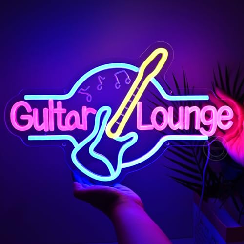 Image of Britrio Guitar Neon Sign Wall Art Decor Lounge Live Music Studio Band Room Home Office Bedroom Man Cave Bar Club Light Up Rock Roll Sign Wedding Birthday Party Gift 16.5 IN