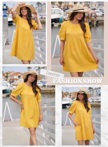 Image of Dokotoo Womens Summer Crewneck Puff Sleeve Babydoll Elegant Empire Waist Mini Swing Skater Dresses with Pockets