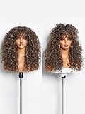 GORGIUS Veralux Blend Human Hair Highlight Brown Curly Wig with Bangs Glueless Synthetic Bang Wigs with Realistic Scalp Put On ang Go Beginner Friendly 20 Inch