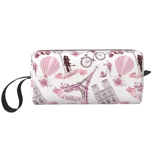 JKJOJIA Paris Romantic Pink Makeup Bag Organizer Small Cosmetic Bags Portable Travel Toiletry Bag With Handle Simple Accessories Storage Zipper Pouch For Women Girl