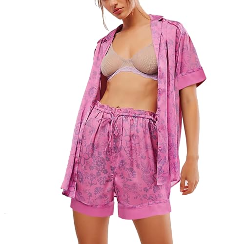 Image of Women Silk Pajamas Floral Satin 2 Piece Pajama Sets | Button Down Short Sleeve Shirt and Elastic High Waist Shorts, Vintage 2Pcs Pj Sets, Two Piece Lounge Set, Elegant Sleepwear