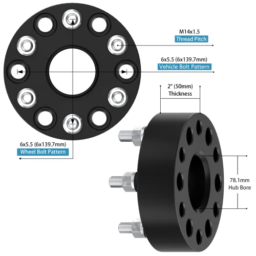 HHCSOP 6x5.5 Wheel Spacers 2\" (50mm) 6 Lug Bore 78.1mm with M14x1.5 Studs for Chevy Silverado Tahoe Avalanche Suburban Express 1500 GMC Sierra Yukon Savana Escalade, 2PCS 6x139.7mm Wheel Adapter