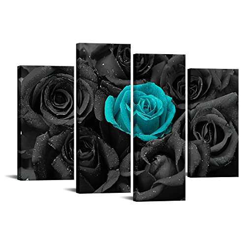 Vanseeing 4 Pieces Teal Rose Canvas Wall Art Black And White Flower Pictures For Wall Romantic Floral Painting Print On Canvas For Modern Bedroom Living Room Home Decor Stretched Framed #TOP22