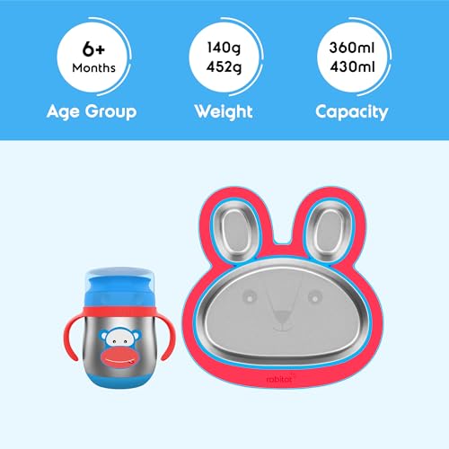 Image of rabitat Happy Tummy Combo Stainless Steel 360 Training Cup Cheek Monkey 390ml and Hoppy Playte Red 430ml 3-Sectional Plate for Toddlers & Kids |2 Year Brand Warranty