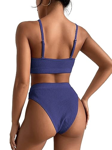 Image of Lilosy High Waisted Tummy Control Ribbed Bikini Crop Top Brazilian Swimsuit Set 2 Piece