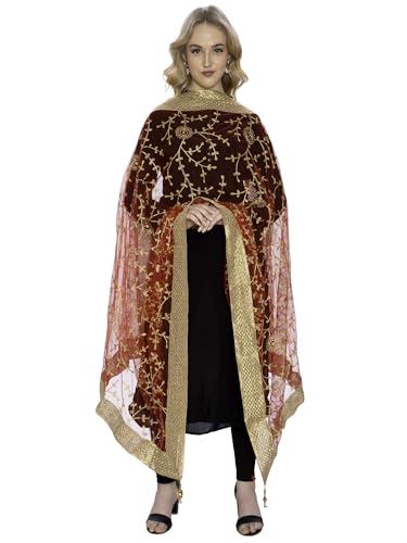 Image of ZEN APPAREL Women's Embroidered Net Dupatta with Lace Borders (Z-101) Premium Net Fabric Golden Aari Work