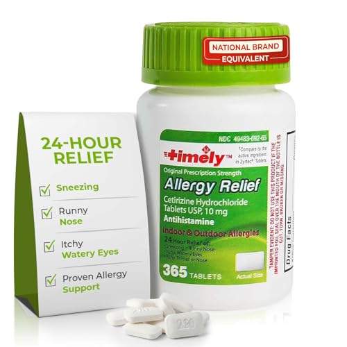 TIME-CAP LABS, INC. Timely Cetirizine HCl 10 Mg 365 Tablets - 24 Hour Allergy Relief from Sneezing, Runny Nose, Itchy Watery Eyes, Itchy Throat or Nose