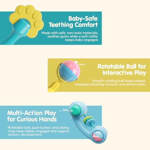 Image of 6 Pcs Premium Baby Rattle & Teether Gift Set with Gift Packing Kit (Sticker Card + Ribbon + Gift Wrap Paper) | Safe, Non-Toxic Toys for Newborns 3+ Months | Colorful Soft Sound Rattles | Perfect Baby Gift Set