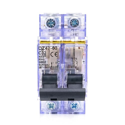 Disyuntor transparente DZ47-2P de 32 A, 230 V/400 V, bipolar, for riel DIN, con protección contra sobrecargas y cortocircuitos.